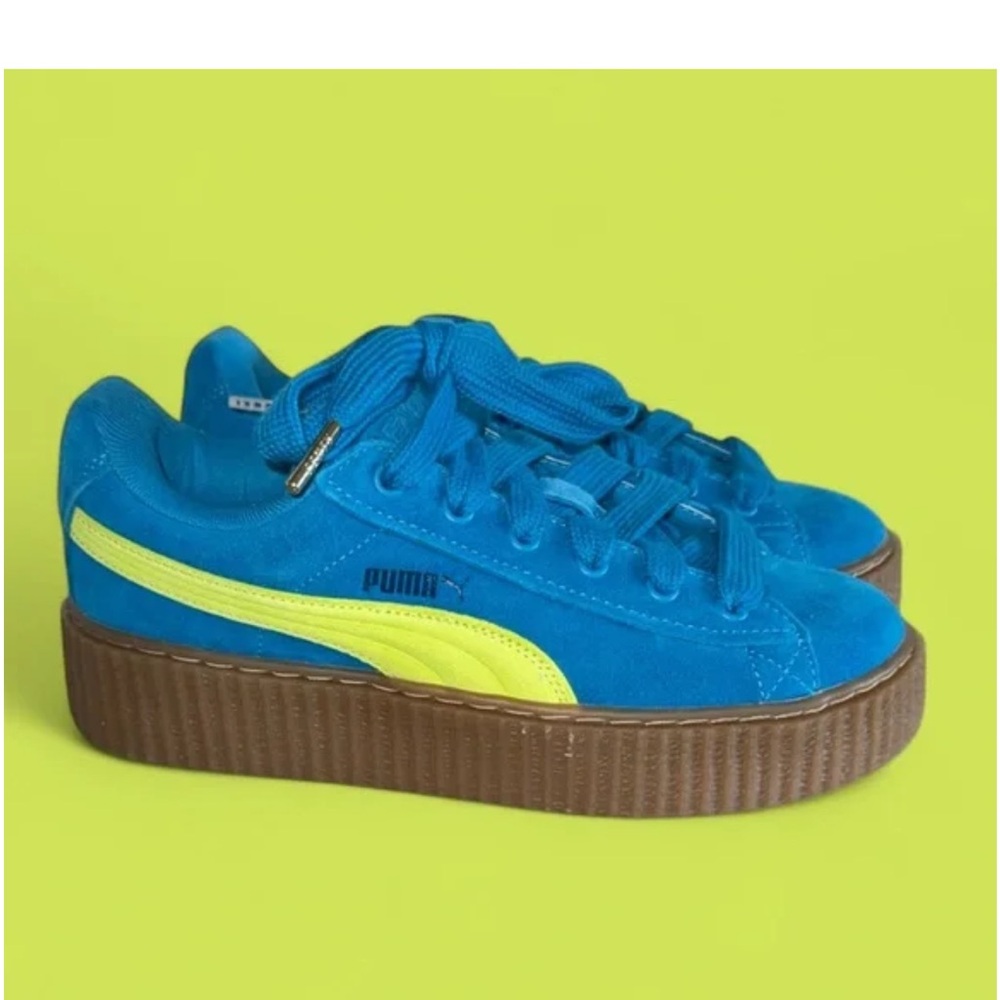 Puma Blue Suede Sneakers with Yellow Stripe and Brown Platform Sole